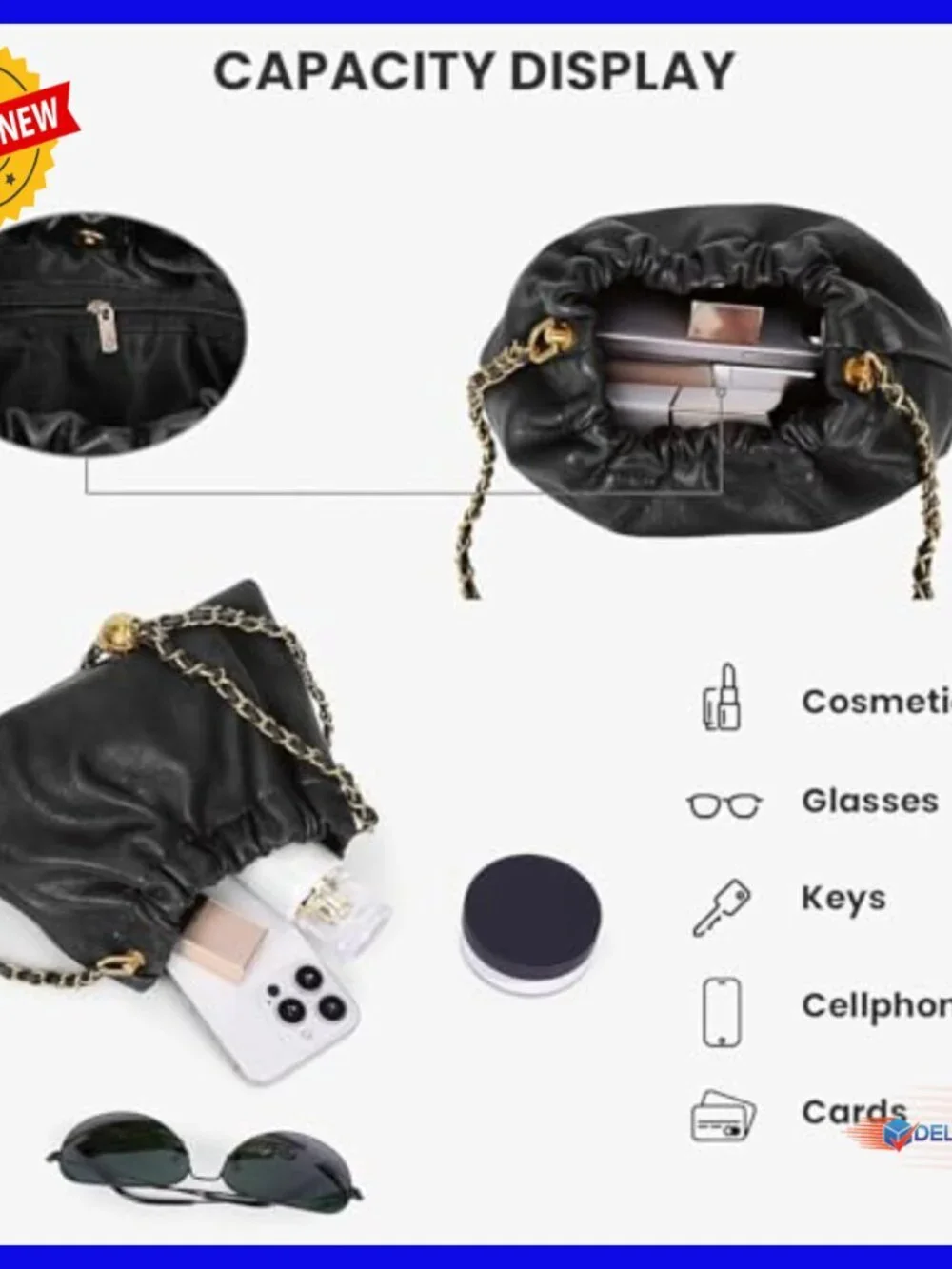 Genuine Leather Hobo Bag with Chain Strap, Convertible Shoulder Crossbody Purse
